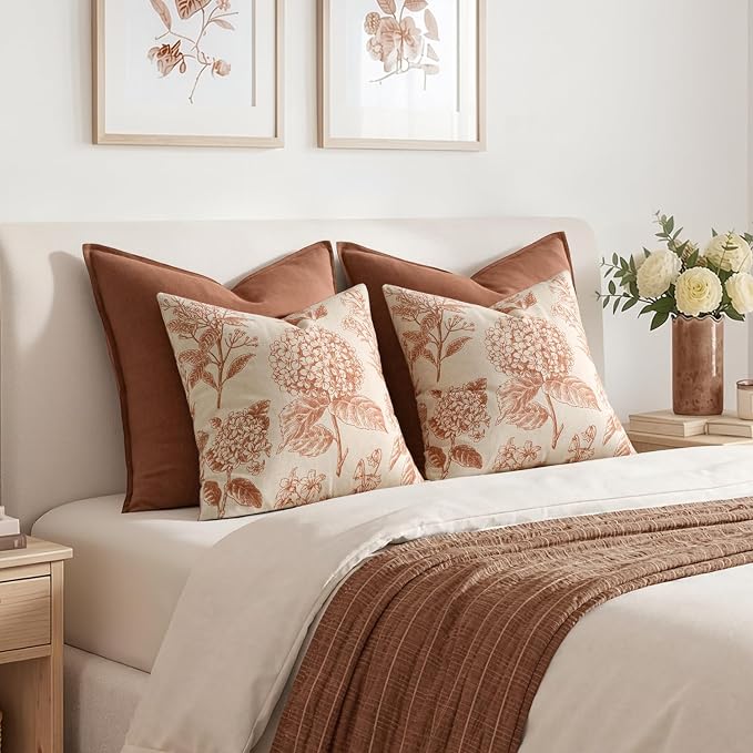 Set of 2 Decorative Floral Pillow Covers 20x20 Inch Autumn Orange | Neutral - Image 6