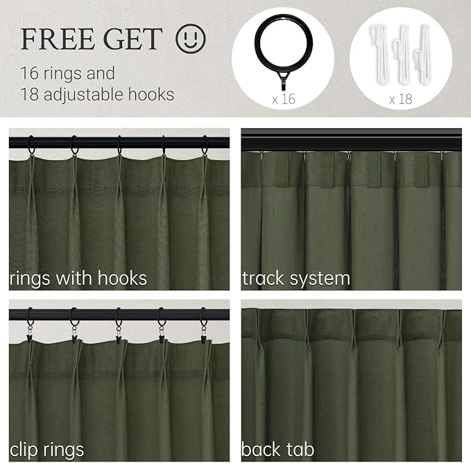 Topfinel 96 Inches Long Pinch Pleated Semi Sheer Curtains, Olive Green Linen - Image 2