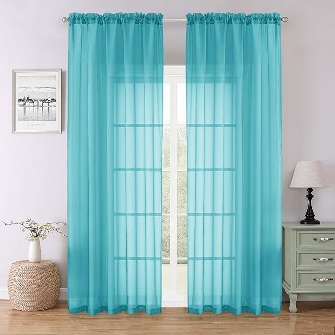 Turquoise Sheer Curtains 90 Inches Long 2 Pcs, Soft Airy Light Filtering Home by Lecloud