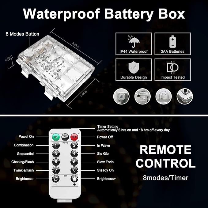JMEXSUSS 2 Pack Christmas Lights Battery Operated Rope Lights Outdoor Waterproof Total 200LED 8 Modes Battery Powered String Lights with Remote for Car Trampoline Tree Christmas Decor (Multicolor)
