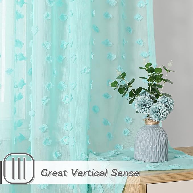 MYSKY HOME Pom Pom Aqua Sheer Curtains for Bedroom Living Room Light Filtering Semi-Sheer Curtains for Nursery Girls Kids Room Rod Pocket Boho Voile Draperies Aqua 52 x 95 inch 2 Panels