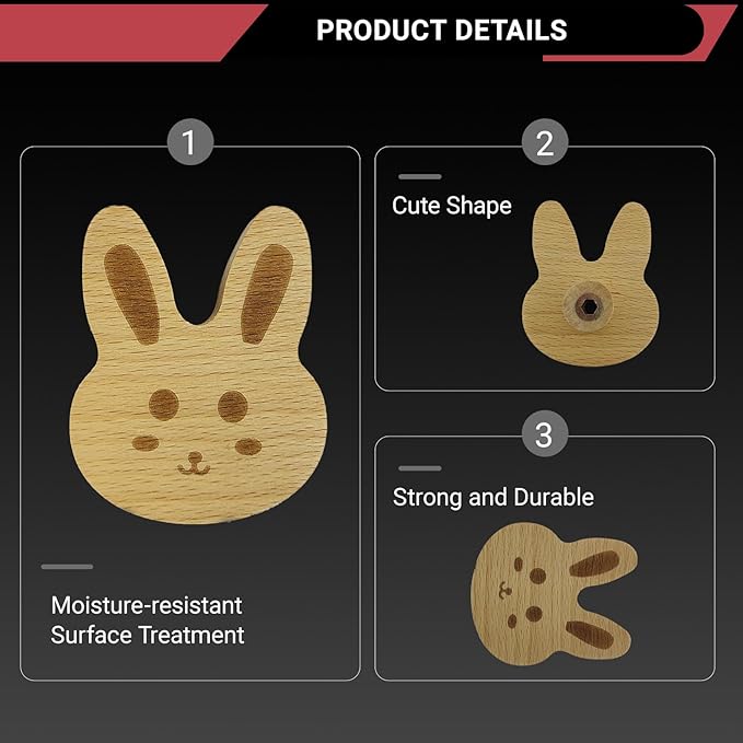 4PCS Wooden Rabbit Shaped Cabinet Knobs, Cabinet Handles, Single Hole Beech Wood Handles, Wood Hooks with Full Set of Screw Accessories