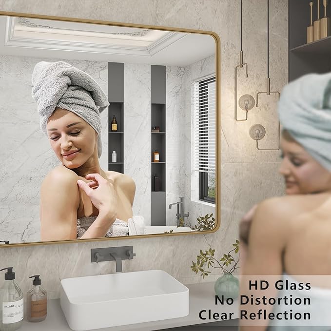 26x36 Gold Framed Mirror for Bathroom, Brushed Gold Mirror with Metal Frame, Modern Rectangle Brass Vanity Mirror for Wall, Shatterproof, Anti-Rust (Horizontal/Vertical)
