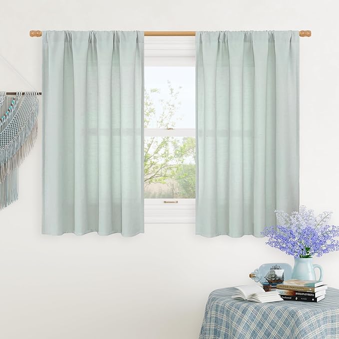 Semi Sheer Light Blue Linen Curtains 45 Inch Length by LAMIT