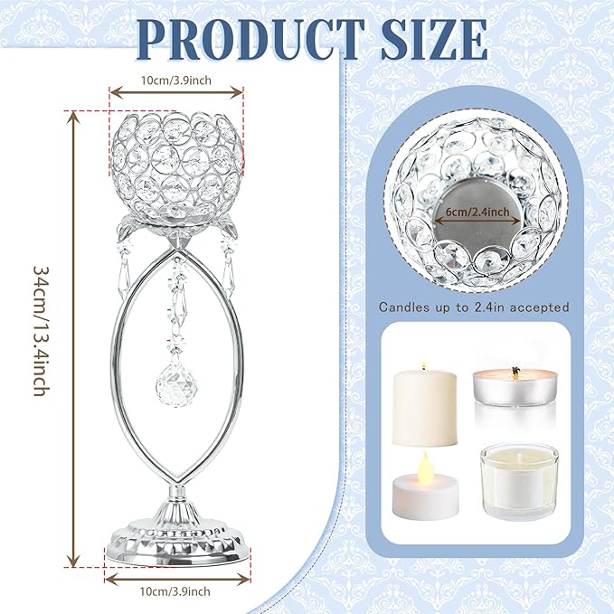 6 Pcs Silver Elegant Metal Crystal Tea Light Candle Holders with Crystal Pendants, Hollow Design - Wedding Table Centerpieces for Anniversary Birthday Party, Home Decor