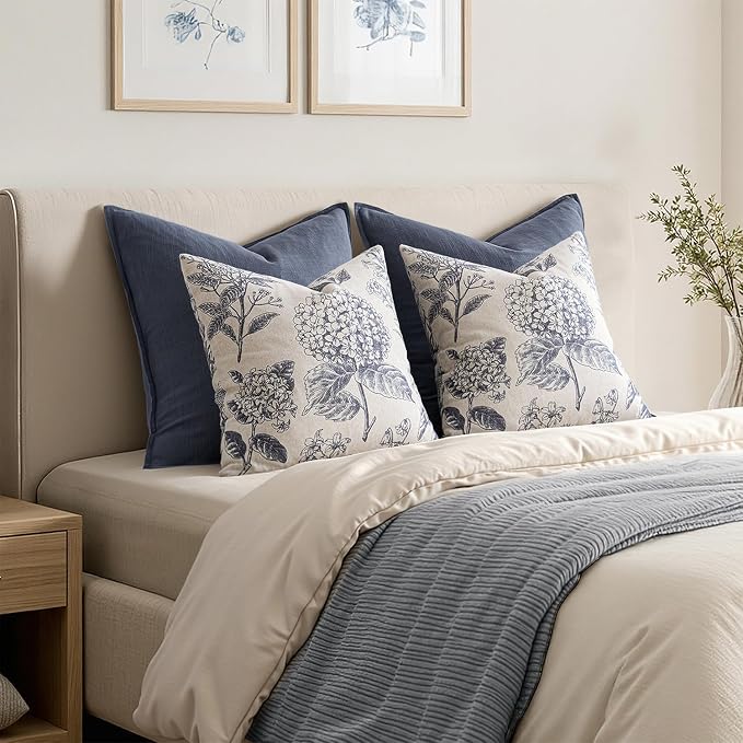 Set of 2 Decorative Floral Pillow Covers 20x20 Inch Navy Blue | Neutral - Image 6