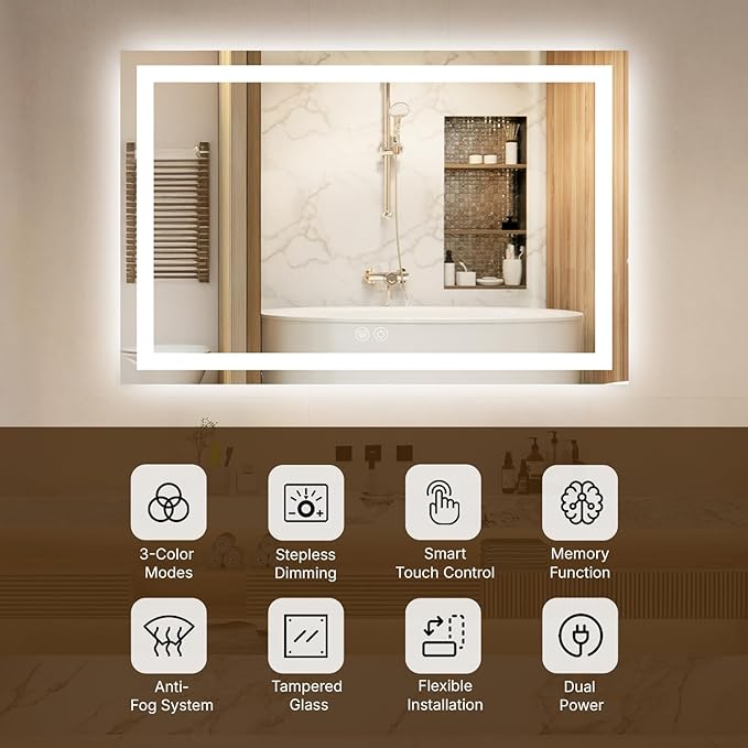 72 x 36 LED Bathroom Mirror with Lights, Lighted Bathroom Vanity Mirror for Wall, Espejos para Baños, Frontlit & Backlit, Anti-Fog, Shatterproof, 3 Adjustable Color Temperatures & Memory Function