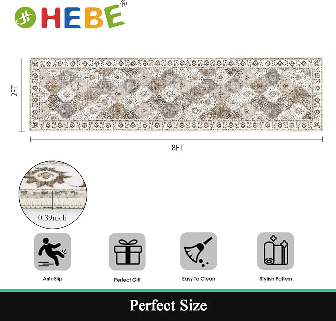 HEBE Hallway Runner Rug 2'x8', Washable Non Slip Kitchen Rug Runner | Soft Boho - Image 2