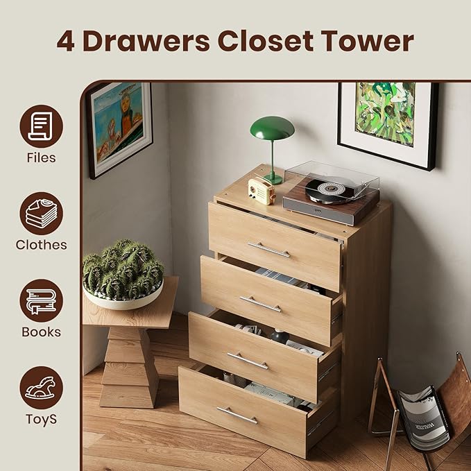 ROOMTEC 31.5" 4 Drawer Short Tower Closet Unit, Modular Closet System with Drawers and Shelf, Wardrobe Organizer for Bedroom or Walk-in Closet, Wall Mounted, Customizable Clothes Storage Unit, Wood