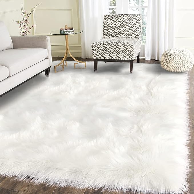 Latepis White Faux Fur 4'x5'10" Area Rug, Soft Plush Faux Fur Sheepskin Rugs by Latepis