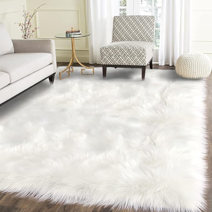 Latepis White Faux Fur Sheepskin Rug 4x6 by Latepis