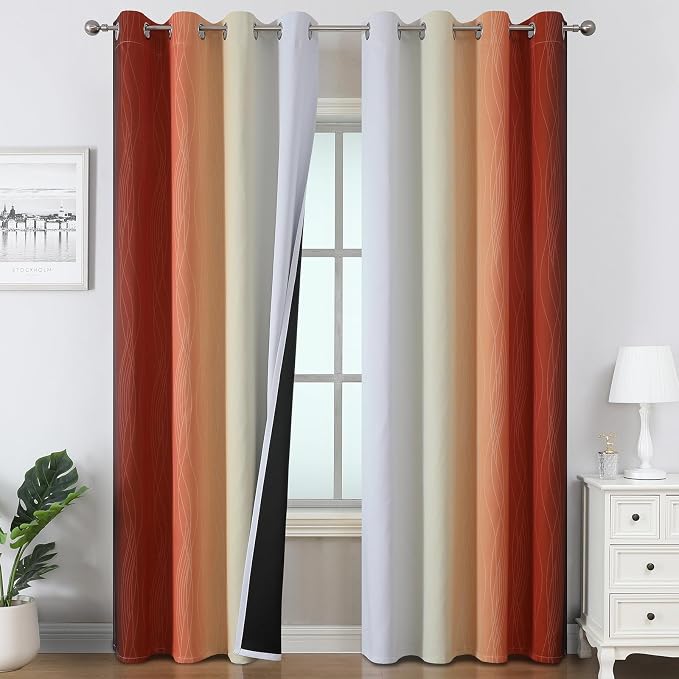Burnt Orange and Greyish White Ombre Blackout Curtains 52Wx96L Inch Long | by ESTELARTEXTILER
