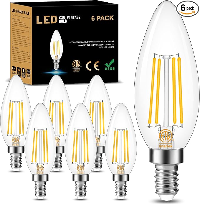 Cotanic E12 Base 3000K LED Light Bulbs Dimmable, Soft White Candelabra LED Bulbs 60W Equivalent, Candle Shape Type B Light Bulbs for Chandelier, Decorative LED Filament Clear Glass, 600LM, 6 Pack