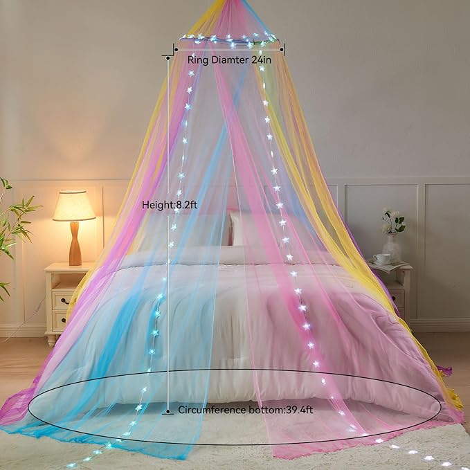 Obrecis Rainbow Bed Canopy for Girls, Princess Canopy Bed Curtains with 24 Colors Star Lights,Twin Bed Canopy Fits Single, Twin, Full, Queen Size Kids Bed