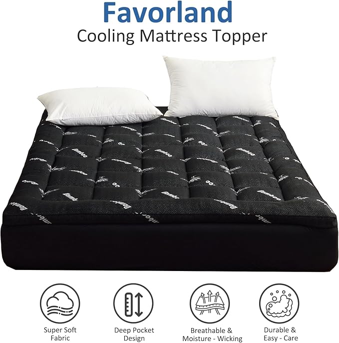 Favorland Mattress Topper Queen Size - Cooling Extra Thick Breathable Viscose Made from Bamboo Mattress pad - Soft Quilted Fitted Mattress Cover with 900 GSM Down Alternative Fill (8-21”Deep Pocket)