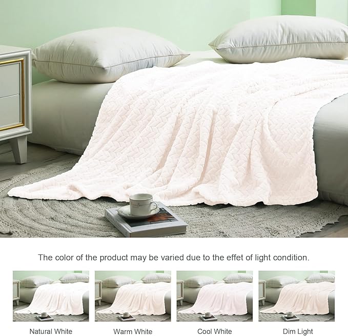 Exclusivo Mezcla Fleece Queen Size Blanket for Bed, 90x90 Inches Soft Cozy Jacquard Flannel Blankets, Lightweight Fuzzy Plush Warm for Winter, Off White
