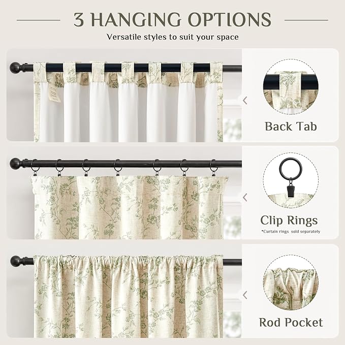 Blackout Vintage Floral Linen Curtains Green on Beige 50×63 2 Panels | Elisa - Image 7