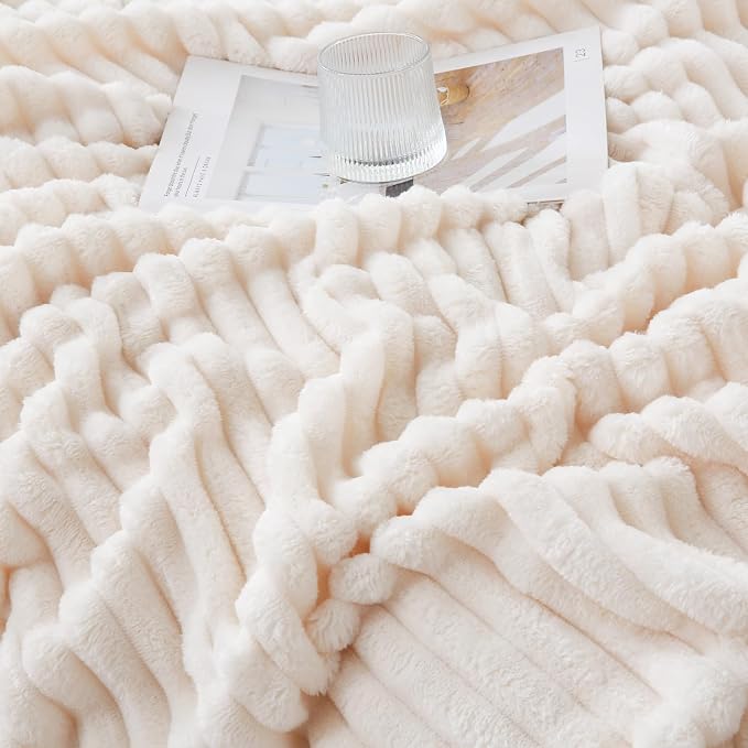 Cream White Throw Blanket for Couch Sofa 60x80 inches Striped Design | Fleece - Image 3
