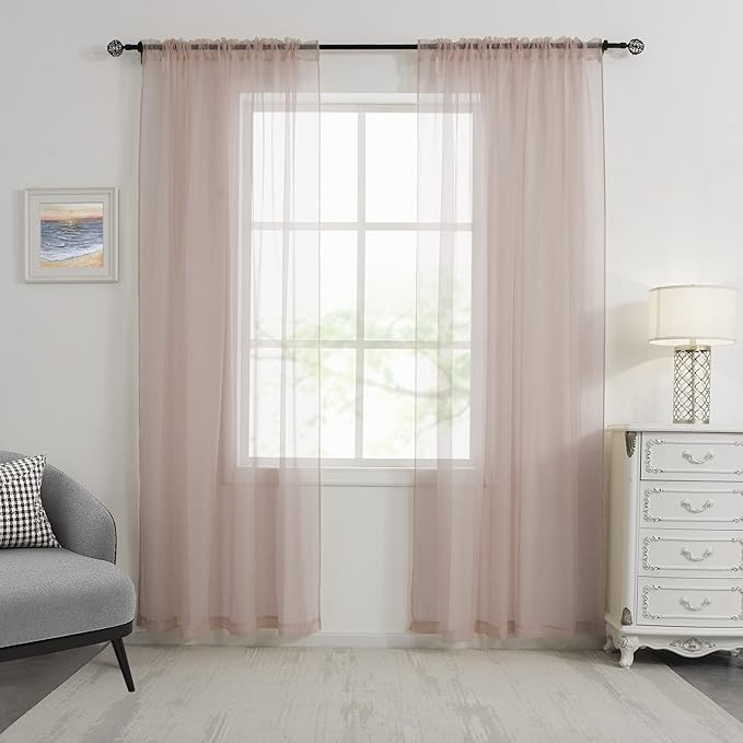 HUTO Blush Pink Sheer Curtains 84 inches Long for Bedroom Top Rod Pocket Sheer Window Panels Curtains for Nursery Living Room 52 by 84 Inch Length Set of 2 Panels