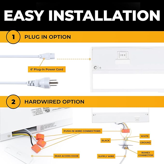LED Under Cabinet Lighting Hardwired - 3CCT 9 Inch White Finish - Undercabinet Lights for Kitchen - Linkable Undercounter Dimmable Plug in Light or Hard Wired - Under Counter Fixture Direct Wire