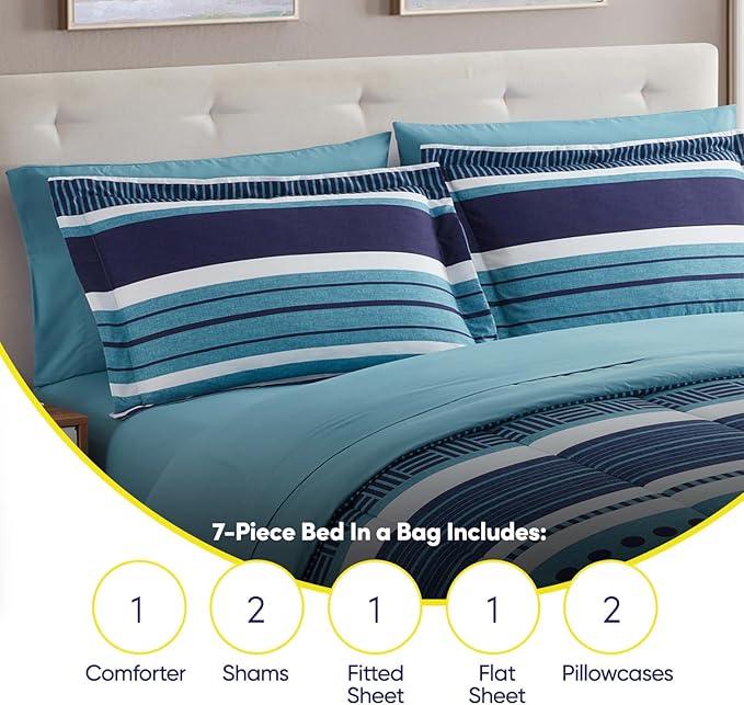 Sweet Home Collection 7 Piece Comforter Set Bag Solid Color All Season Soft Down Alternative Blanket & Luxurious Microfiber Bed Sheets, Marino, Queen
