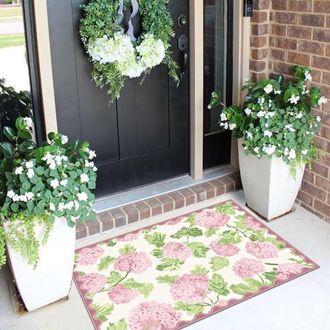 Front Door Mat Outside Entrance, 2x3 Pink White Floral Entryway Rug | Non-Slip - Image 8