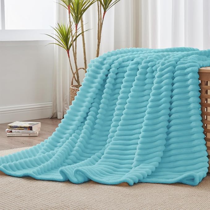 BEDELITE Striped Fleece Throw Blanket, Sky Blue, Soft Cozy, Lightweight Warm - Image 3