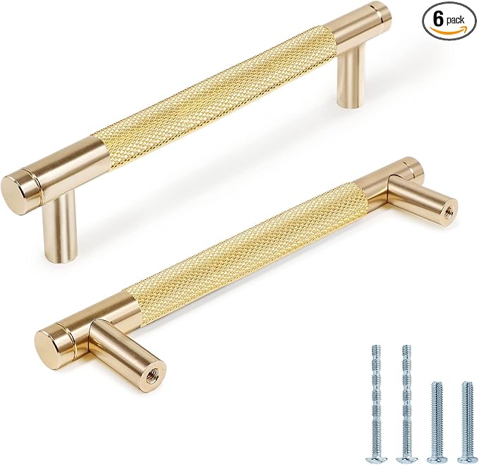 Knurled Cabinet Pulls 6 Pack, 6 Inch Long Cabinet Handles Metal Door Pulls, Kitchen Drawer Pull Knurled Dresser Handles - 5" Hole to Hole, Golden