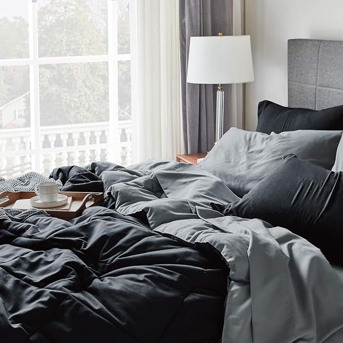 Bedsure Twin Comforter Set - 5 Pieces Reversible Black Bedding, Twin Size Bed Set for All Seasons, Bed in a Bag with Down Alternative Comforter, Sheets, Pillowcase & Sham