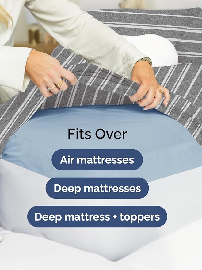Extra Deep Full Sheet Set - 6 Piece Breathable and Cooling Sheets - Hotel Luxury Bed Sheets Set - Easy Fit - Soft, Wrinkle Free and Comfy Sheets Set - Grey Striped Sheet Set with Extra Deep Pockets