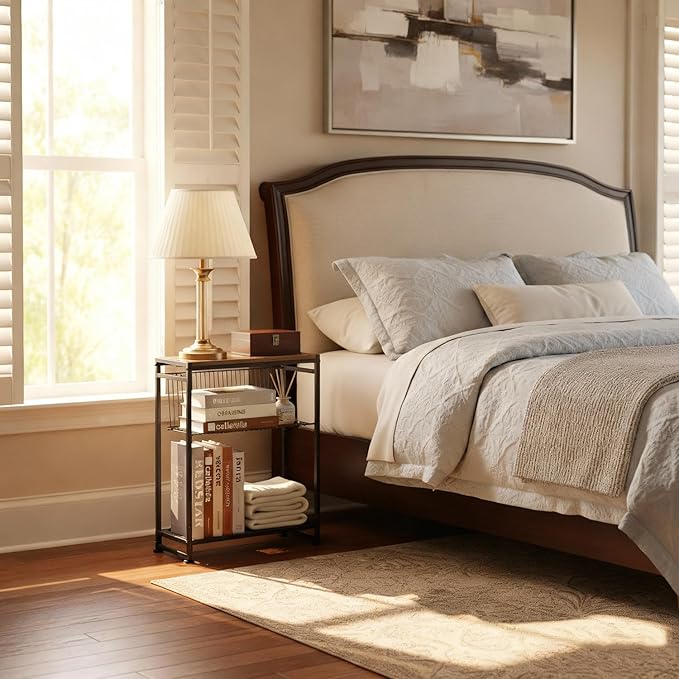 Small Side Table for Small Spaces - Slim End Table with Magazine Holder - 2 in 1 Design Narrow End Table Living Room - Skinny Bedside Table Nightstand Bedroom Thin Side Table, Rustic Brown