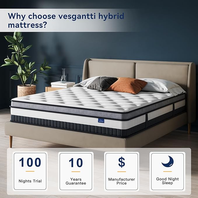 Vesgantti Queen Mattress 8 Inch Innerspring Multilayer Hybrid Queen Mattress - Ergonomic Design with Memory Foam and Pocket Spring Mattresses Queen Size - Box Top Series Medium Firm Feel