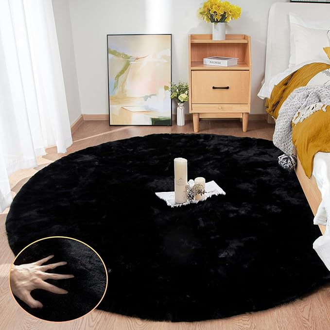 ORINOVA Black Round Area Rug 5ft Washable Faux Fluffy Fur Rug - Image 3