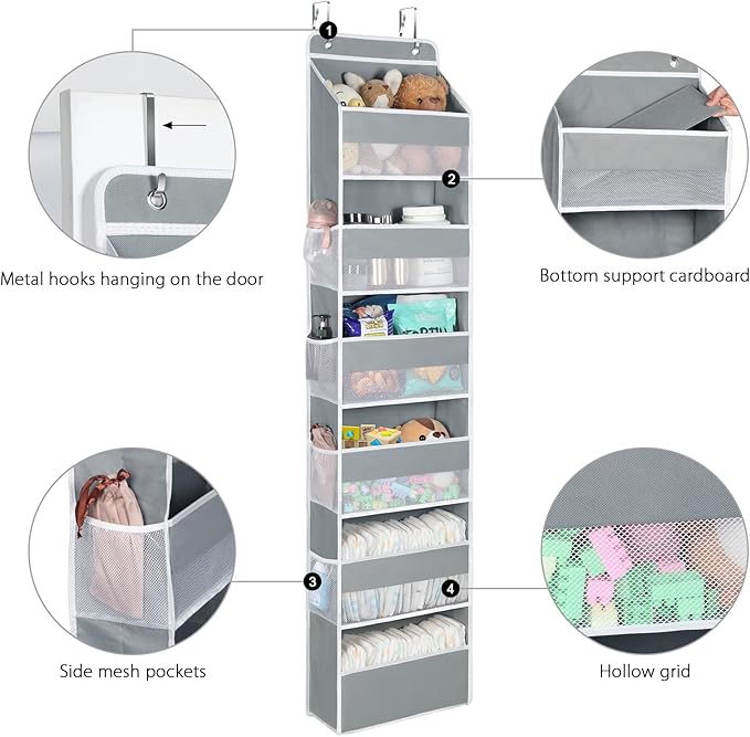 Univivi Door Hanging Organizer Nursery Closet Cabinet Baby Storage with 6 Large Compartments and 8 Side Pockets for Cosmetics, Toys and Sundries