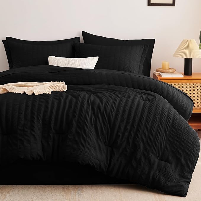 CozyLux Oversized King Comforter Set Black Seersucker 7 Pieces 120x98 Bed in a Bag Comforter Set with Sheets, Luxury Soft Bedding Sets with Down Alternative Comforter, Sheets, Pillowcases & Shams