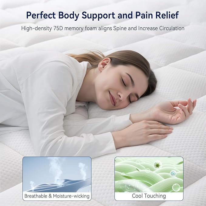 ELEMUSE California King Size Dual Layer 3 Inch Memory Foam Mattress Topper, 2 Inch Cooling High Density Memory Foam Bed Pad and 1 Inch Plush Feel Pillow Top Mattress Topper Cover for Back Pain Relief