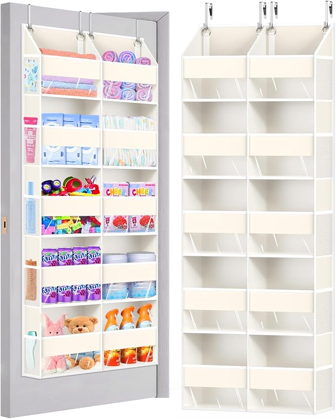 Heavy Duty Over The Door Organizer 5 Tiers, Extra Large Behind Door Storage of 10 Big Front & 10 Mesh Pockets, 80lb Weight Capacity, Hanging Doors Storage Organizer for Closet Bedroom Nursery, Beige