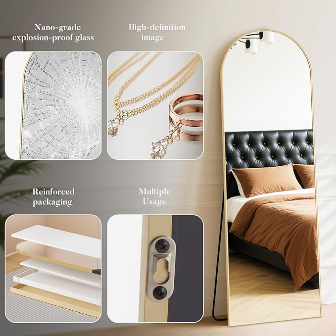 DUMOS Arched Wall-Mounted Full Length Mirror 60"x16" for Bedroom, Full Body Floor Mirror with Stand, Hanging or Leaning for Wall, Gold