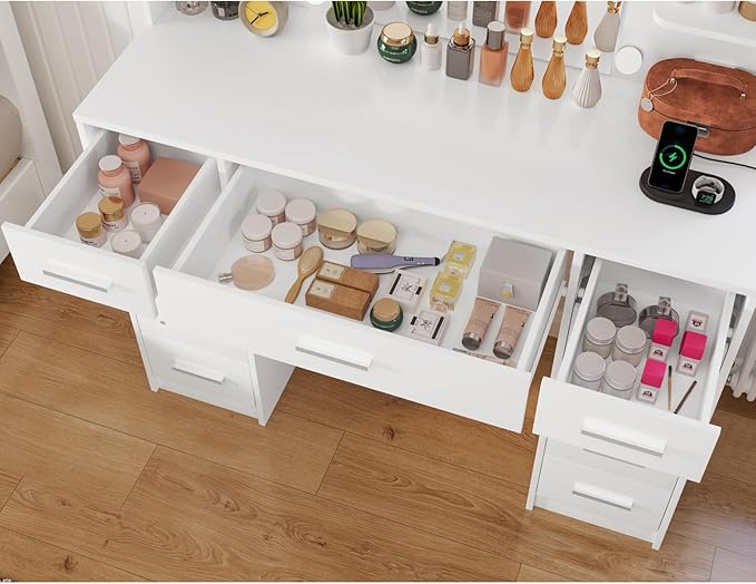 Quimoo 47.2" Large Vanity Desk with Mirror and Lights, Makeup Vanity with 11 Drawers & 6 Open Shelves, 3 Color Modes & Adjustable Brightness, White Vanity for Girls