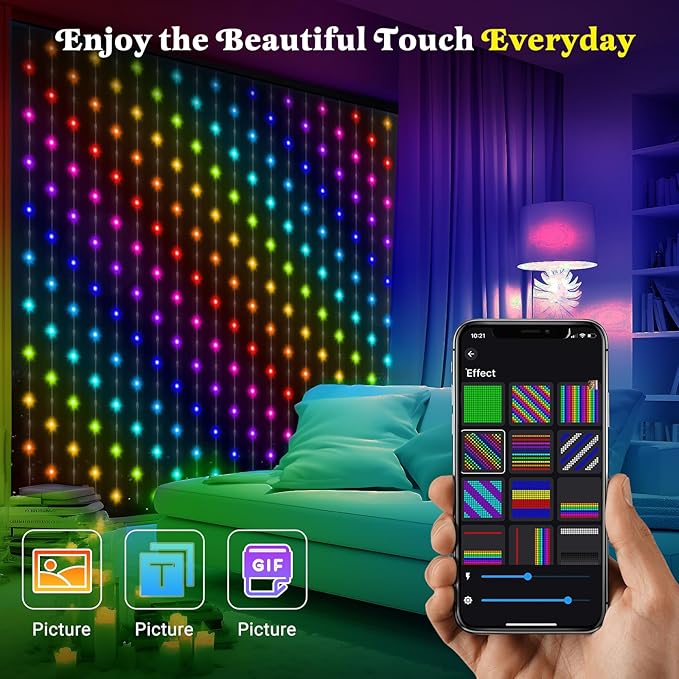 Smart Curtain Lights, Color Changing 400 LED Curtain Lights 6.6 * 6.6 FT, RGB DIY String Fairy Light for Bedroom Backdrop Party Indoor Outdoor Christmas Decoration (APP +Remote Control)