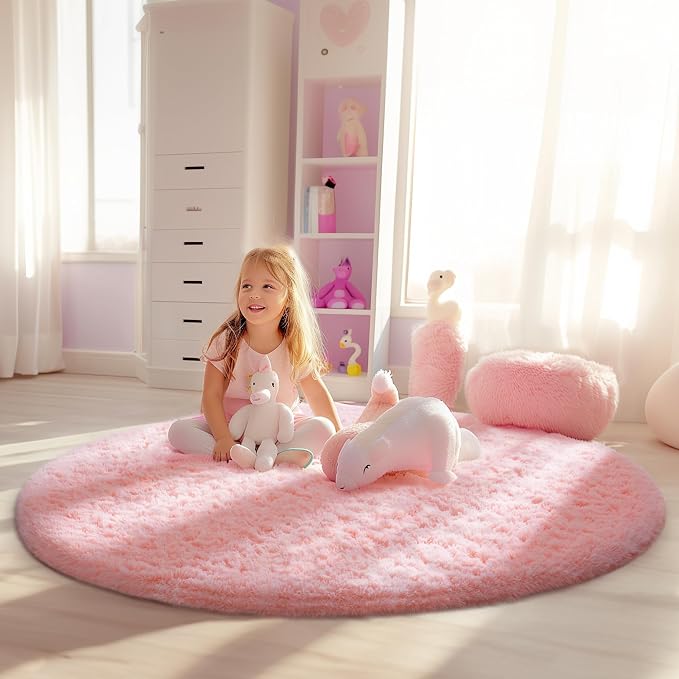 Ophanie Round Rugs 5Ft Pink Circle Area Rug, Fuzzy Bedroom Carpet, Shag Plush - Image 5