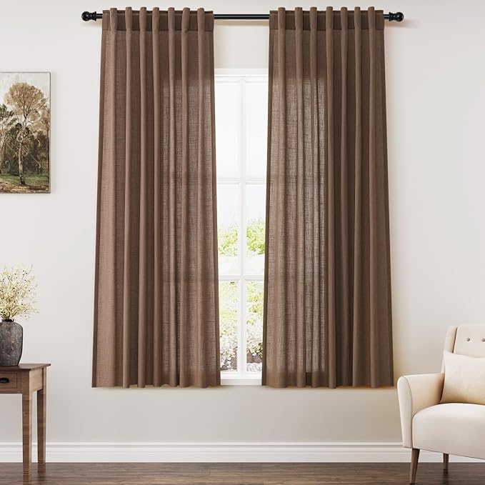 Caramel Brown Linen Curtains 63 Inches Length 2 Panels Set by Nanspring