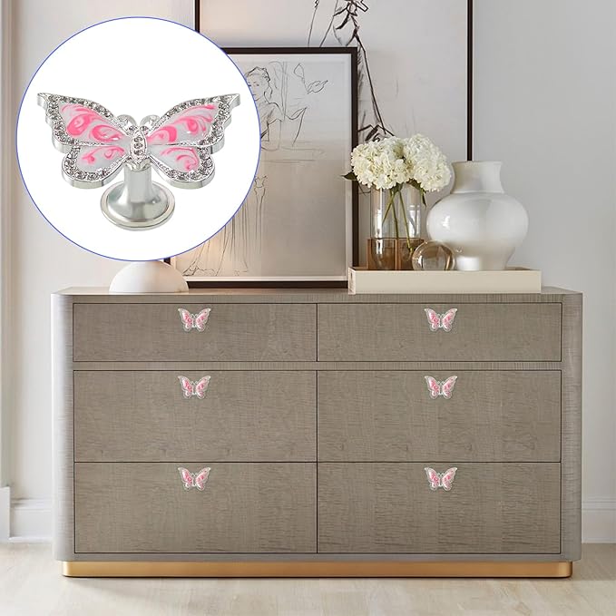 Butterfly Cabinet Knobs,6 Pieces Butterfly Knobs Single Hole Pulls Handles Decorative Door Cabinet Drawer Cupboard Furniture Door Wardrobe (Pink)
