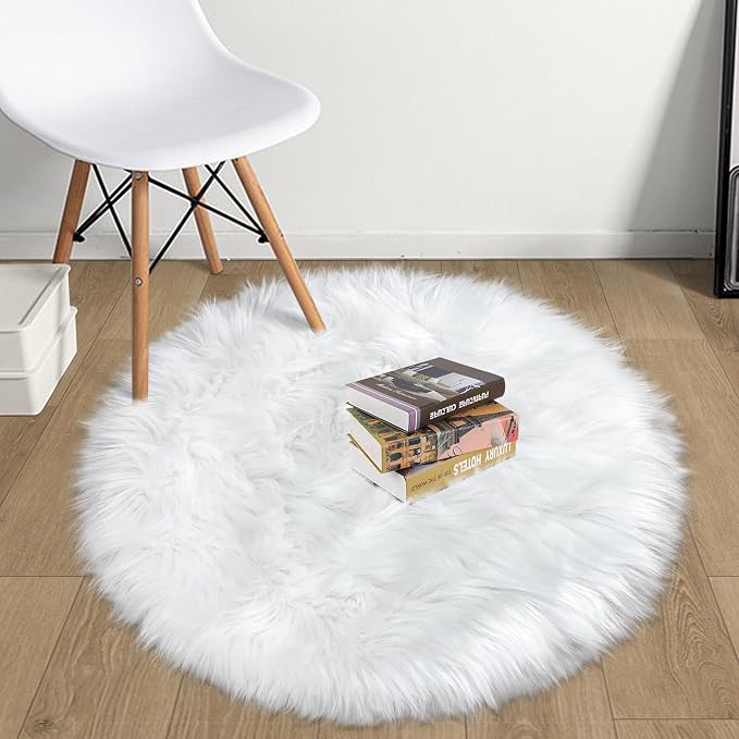 White Faux Fur Rug 2x2 Feet Small Round Fluffy Rug, Faux Sheepskin Circle Shag - Image 3