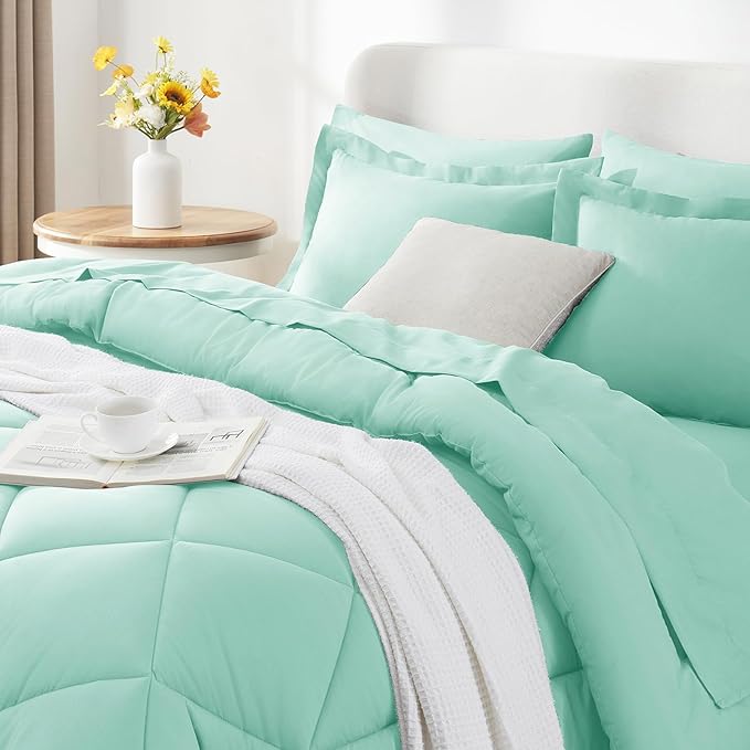 CozyLux King Size Comforter Set Mint Green - 7 Pieces Bed in a Bag King, Luxury Soft Bed Set for All Seasons, Bedding Set with Down Alternative Comforter, Sheets, Pillowcases & Shams