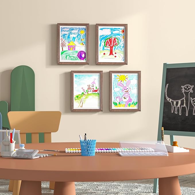 KINLINK 9x12 Kids Art Frames Set of 2, Solid Wood Kids Artwork Frames Changeable with Acrylic Front Opening Holds 150 Pictures, Art Frame for Kids Artwork with Mat or without Mat, Brown Wood