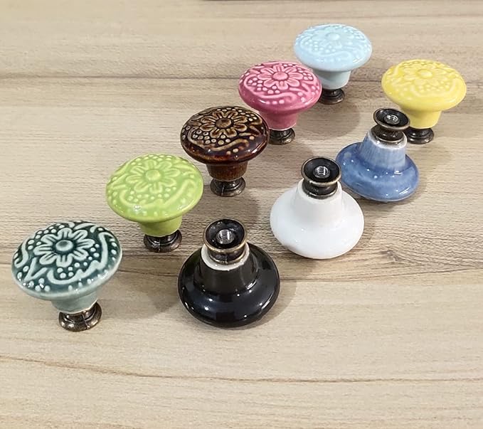 HUAMULAN 15 PCS Cabinet Knobs Glossy Ceramic Dresser Mushroom Table Drawer Cupboard Pull Furniture DIY Wardrobe Solid Color Vintage Handle,with 3 Size Mounting Screws