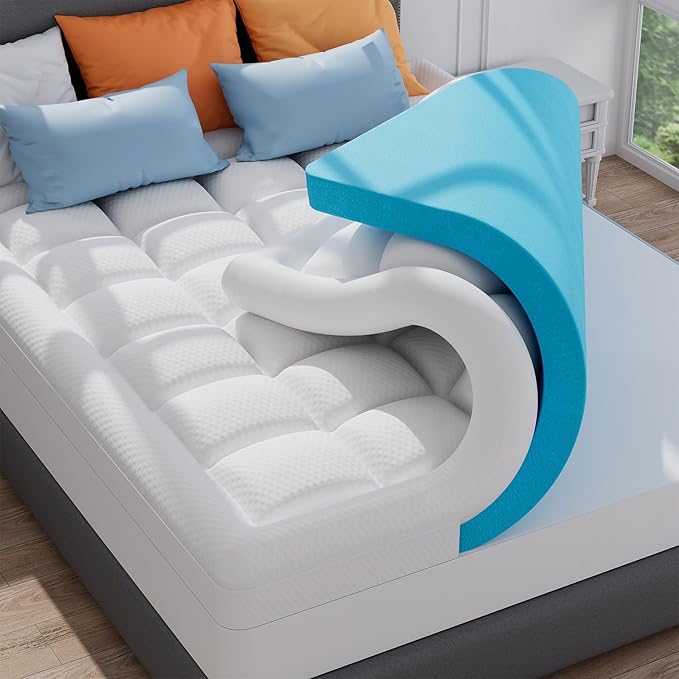 ELEMUSE RV King Dual Layer 3 Inch Memory Foam Mattress Topper, 2 Inch Cooling Gel Memory Foam Bed Pad and 1 Inch Soft Pillow Top Mattress Pad for Back Pain Relief & Hot Sleepers