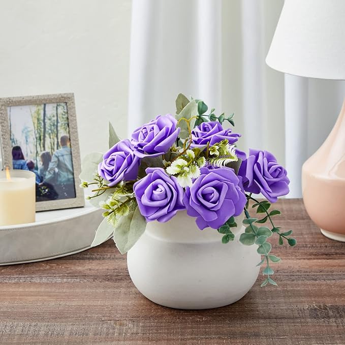 Juvale 100-Pack Purple Faux Flowers for Wedding Decor - 3-in Stemless Artificial Roses - Reusable Plastic Heads for Centerpiece Table Decorations & Crafts