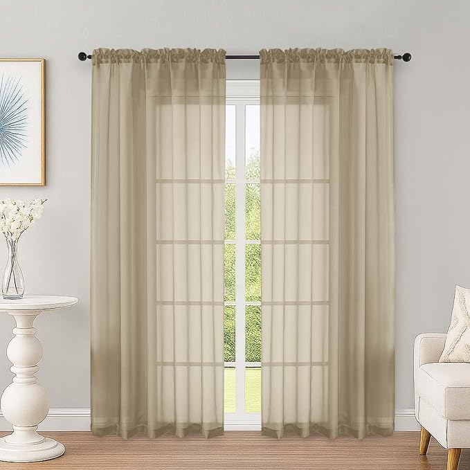Taupe Sheer Curtains 72 Inches Long 2 Panels Set, Transparent Voile Sheer by OWENIE